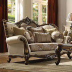 Divano Latisha 74" color Tan, tessuto fantasia e finitura rovere antico - Acme Furniture: Divanetto imbottito tradizionale, design capitonné