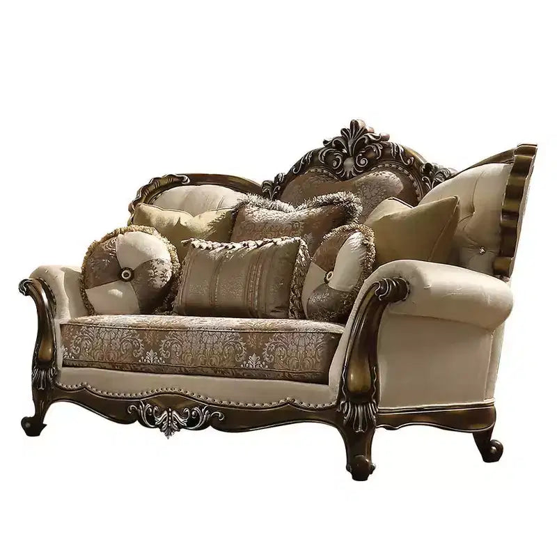 Divano Latisha 74" color Tan, tessuto fantasia e finitura rovere antico - Acme Furniture: Divanetto imbottito tradizionale, design capitonné
