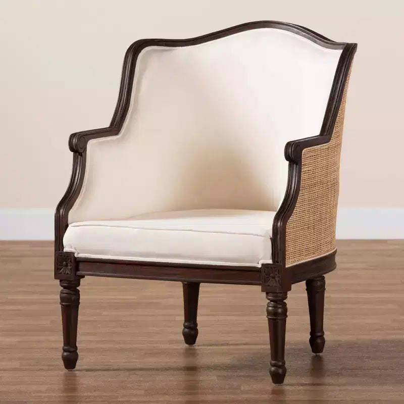 Poltrona Bali & Pari Ornella con dettagli in tessuto e legno Beige/Marrone Scuro: Rivestimento in poliestere, Struttura in rattan