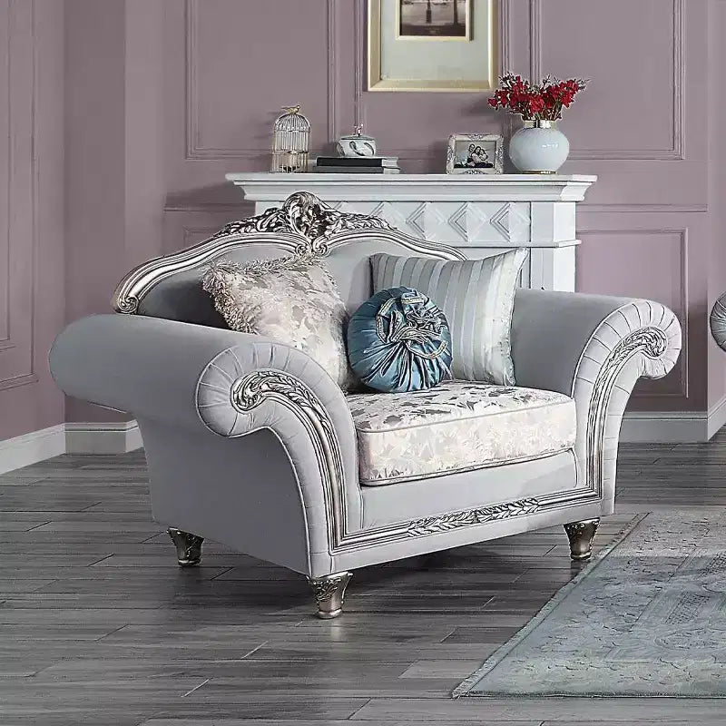 Poltrona Pelumi 62", lino grigio chiaro, finitura platino - Acme Furniture