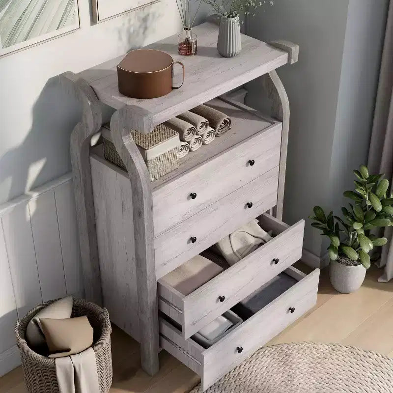 miBasics Cassettiera a 4 cassetti Chickadee Farmhouse Bianco Coastal: Contenitore in MDF, Ferramenta Antiribaltamento