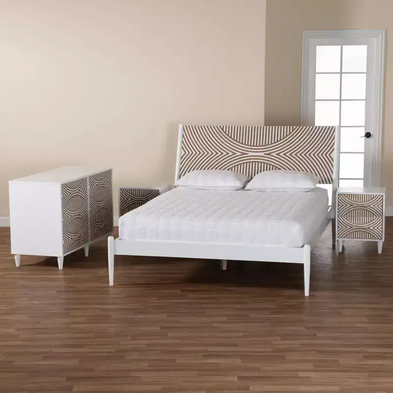 Set camera da letto 4 pezzi Baxton Studio Queen Louetta intagliato con contrasto bianco/marrone naturale