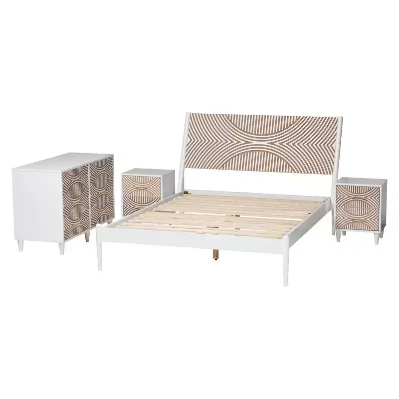 Set camera da letto 4 pezzi Baxton Studio Queen Louetta intagliato con contrasto bianco/marrone naturale