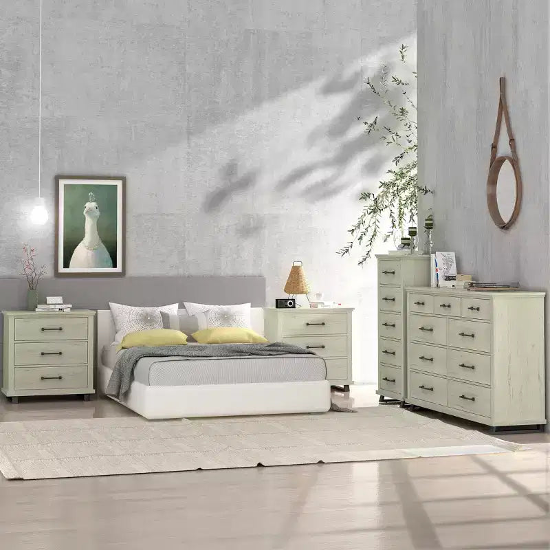 Festivo Set Camera da Letto Contemporaneo 4 Pezzi Cassettiera e Comodino Bianco sporco effetto sega: Design Moderno, MDF, Base in Metallo