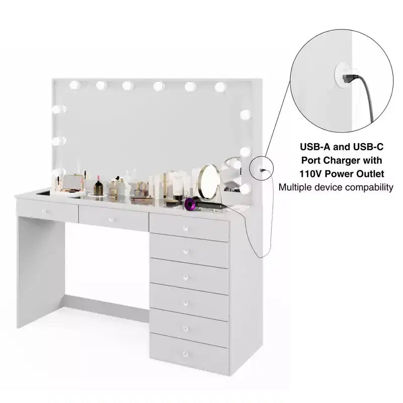 Cassettiera trucco bianca Johanna con pomelli in cristallo illuminati - Boahaus: Specchio Hollywood, 8 cassetti, porta USB