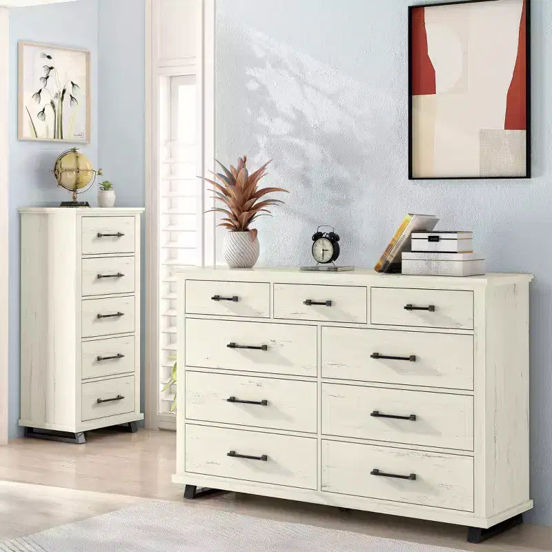 Festivo 2pz Cassettiera Contemporanea a 9 Cassetti e Comò a 5 Cassetti da 24 pollici Colore Bianco Sporco Effetto Taglio Sega: Conforme alle Norme di Sicurezza ASTM, Contenitore per Camera da Letto