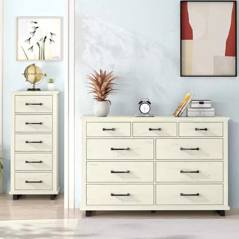 Festivo 2pz Cassettiera Contemporanea a 9 Cassetti e Comò a 5 Cassetti da 24 pollici Colore Bianco Sporco Effetto Taglio Sega: Conforme alle Norme di Sicurezza ASTM, Contenitore per Camera da Letto