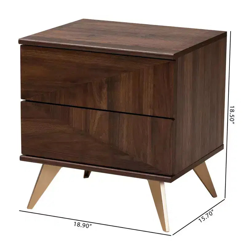 Comodino in legno a 2 cassetti Graceland noce marrone/oro - Baxton Studio