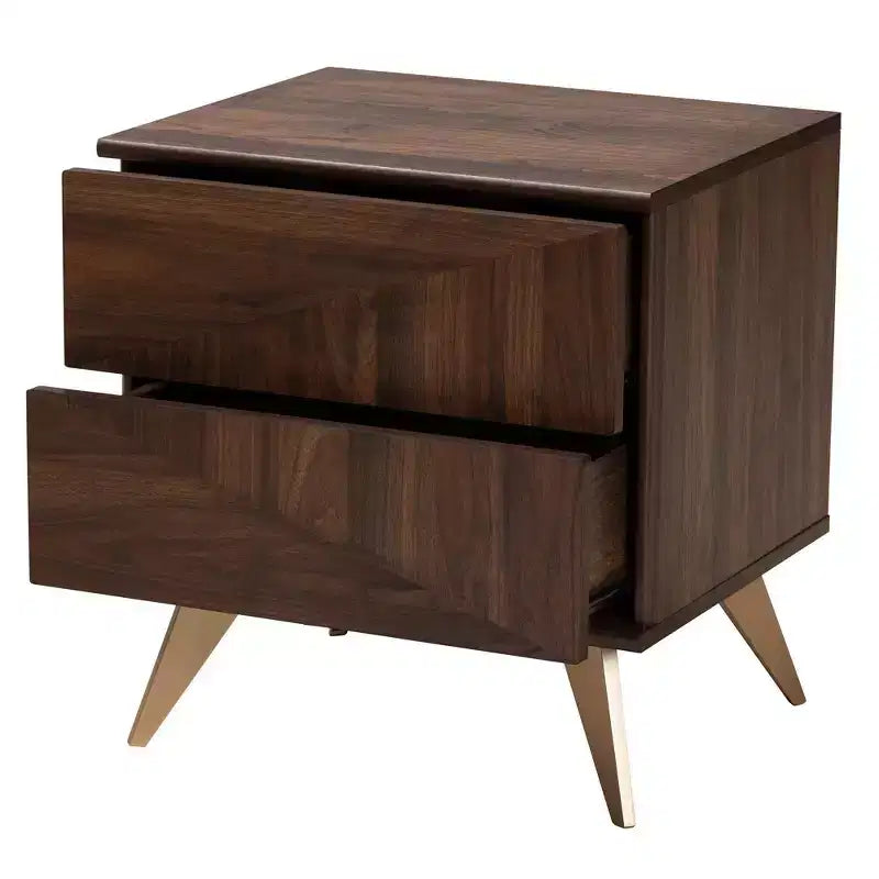 Comodino in legno a 2 cassetti Graceland noce marrone/oro - Baxton Studio