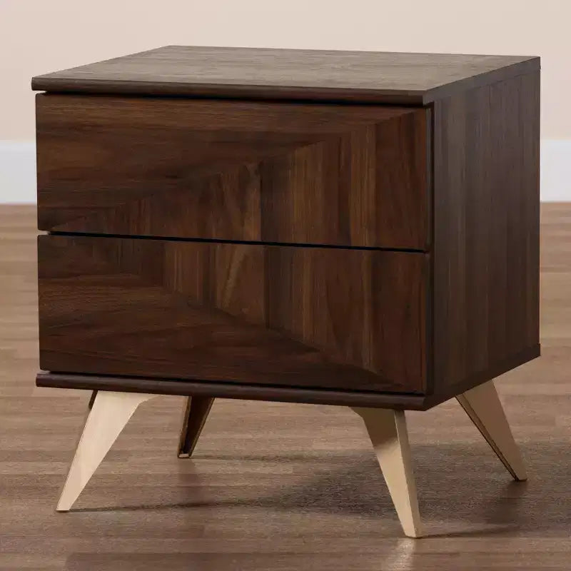 Comodino in legno a 2 cassetti Graceland noce marrone/oro - Baxton Studio