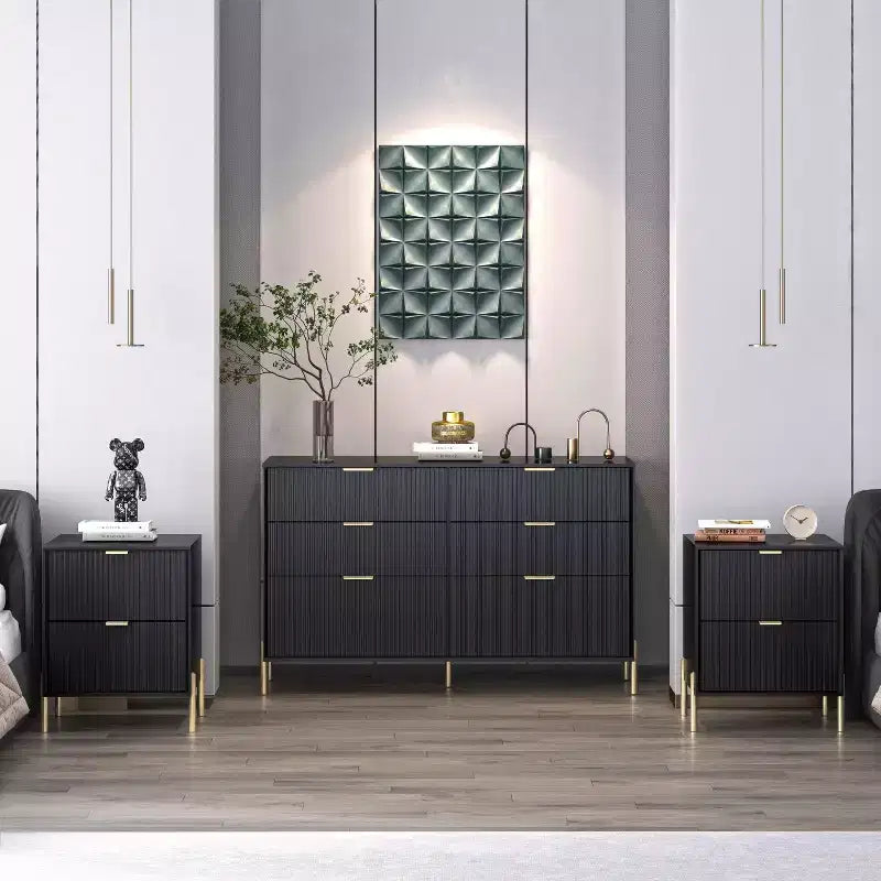 Festivo 3 pezzi Comodini moderni con 2 cassetti e comò con 6 cassetti Set Nero