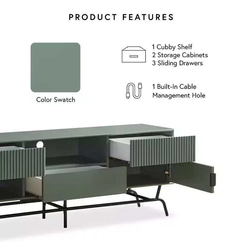 Mobile TV Meadowgrove Modern a 3 cassetti per televisori fino a 65" con armadietto verde salvia - miBasics: Struttura in metallo, Gestione cavi