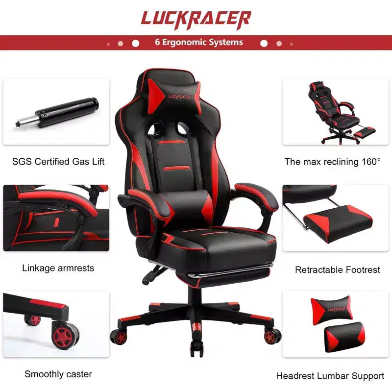 Sedia da Gaming LUCKRACER con Poggiapiedi, Sedia da Ufficio Ergonomica con Schienale Alto, Scrivania da Computer, Rosso