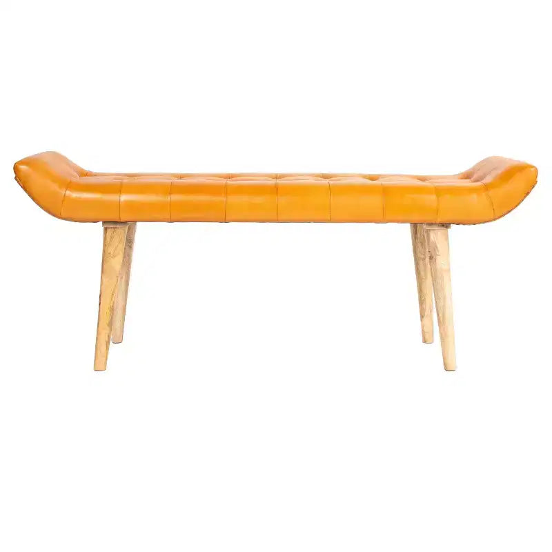 Panchina in Pelle di Capra "Storied Home" Tabacco: Telaio in Legno di Mango, Pouf Rettangolare Imbottito, Assemblaggio per Adulti