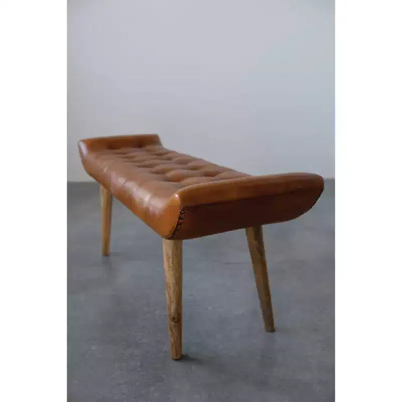 Panchina in Pelle di Capra "Storied Home" Tabacco: Telaio in Legno di Mango, Pouf Rettangolare Imbottito, Assemblaggio per Adulti
