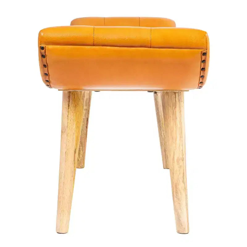 Panchina in Pelle di Capra "Storied Home" Tabacco: Telaio in Legno di Mango, Pouf Rettangolare Imbottito, Assemblaggio per Adulti
