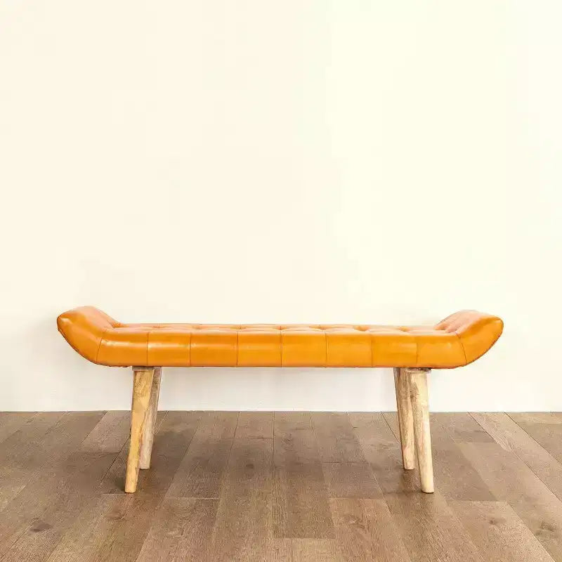 Panchina in Pelle di Capra "Storied Home" Tabacco: Telaio in Legno di Mango, Pouf Rettangolare Imbottito, Assemblaggio per Adulti