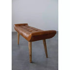 Panchina in Pelle di Capra "Storied Home" Tabacco: Telaio in Legno di Mango, Pouf Rettangolare Imbottito, Assemblaggio per Adulti