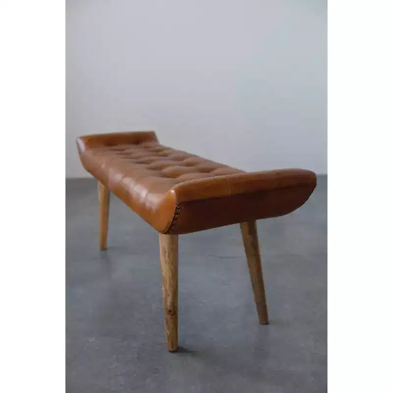 Panchina in Pelle di Capra "Storied Home" Tabacco: Telaio in Legno di Mango, Pouf Rettangolare Imbottito, Assemblaggio per Adulti