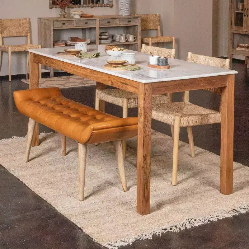 Panchina in Pelle di Capra "Storied Home" Tabacco: Telaio in Legno di Mango, Pouf Rettangolare Imbottito, Assemblaggio per Adulti