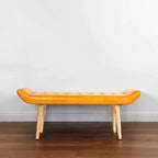 Panchina in Pelle di Capra "Storied Home" Tabacco: Telaio in Legno di Mango, Pouf Rettangolare Imbottito, Assemblaggio per Adulti