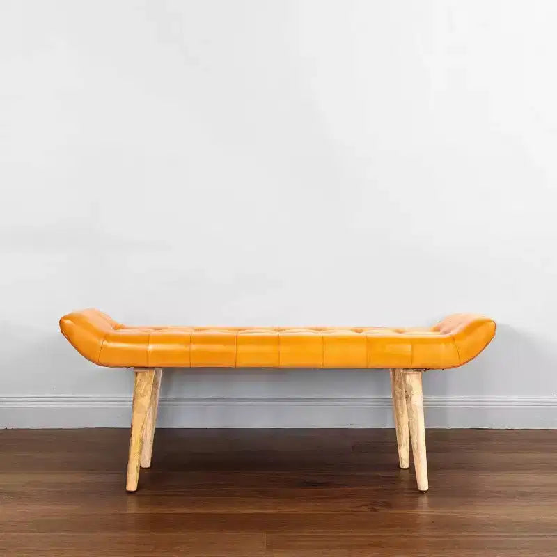 Panchina in Pelle di Capra "Storied Home" Tabacco: Telaio in Legno di Mango, Pouf Rettangolare Imbottito, Assemblaggio per Adulti