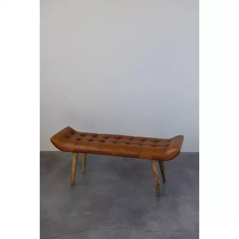 Panchina in Pelle di Capra "Storied Home" Tabacco: Telaio in Legno di Mango, Pouf Rettangolare Imbottito, Assemblaggio per Adulti
