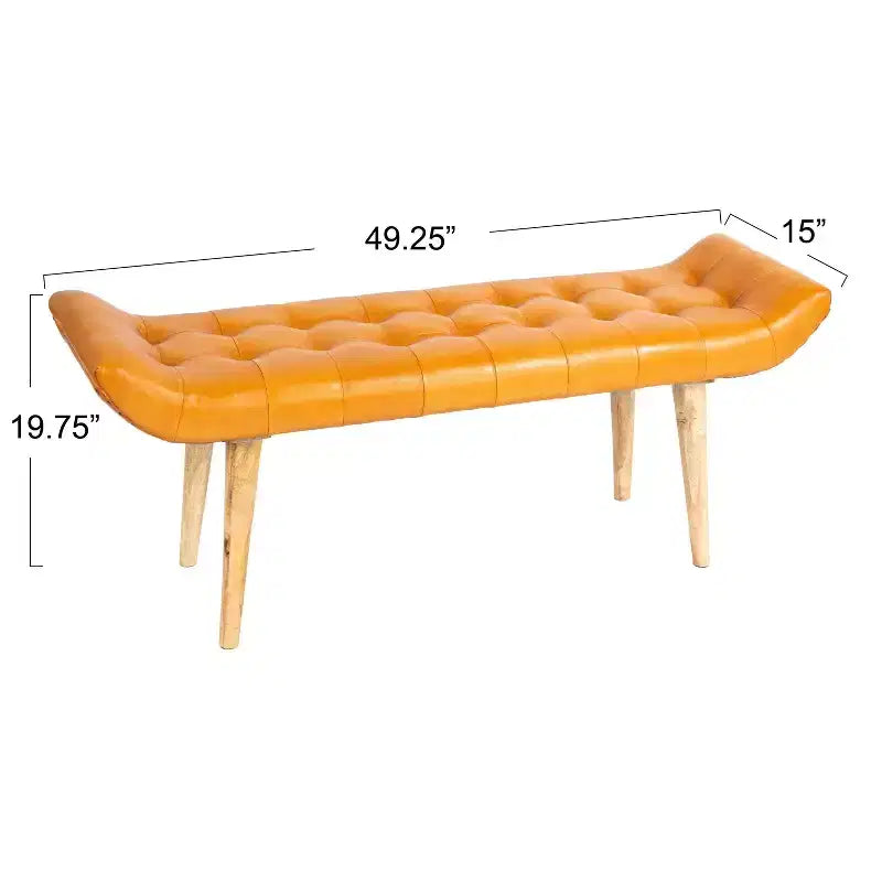 Panchina in Pelle di Capra "Storied Home" Tabacco: Telaio in Legno di Mango, Pouf Rettangolare Imbottito, Assemblaggio per Adulti