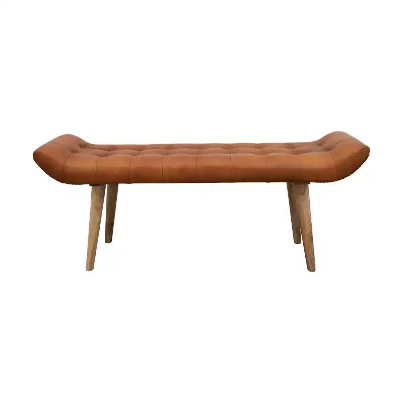 Panchina in Pelle di Capra "Storied Home" Tabacco: Telaio in Legno di Mango, Pouf Rettangolare Imbottito, Assemblaggio per Adulti