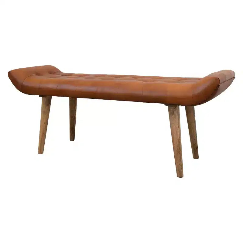 Panchina in Pelle di Capra "Storied Home" Tabacco: Telaio in Legno di Mango, Pouf Rettangolare Imbottito, Assemblaggio per Adulti