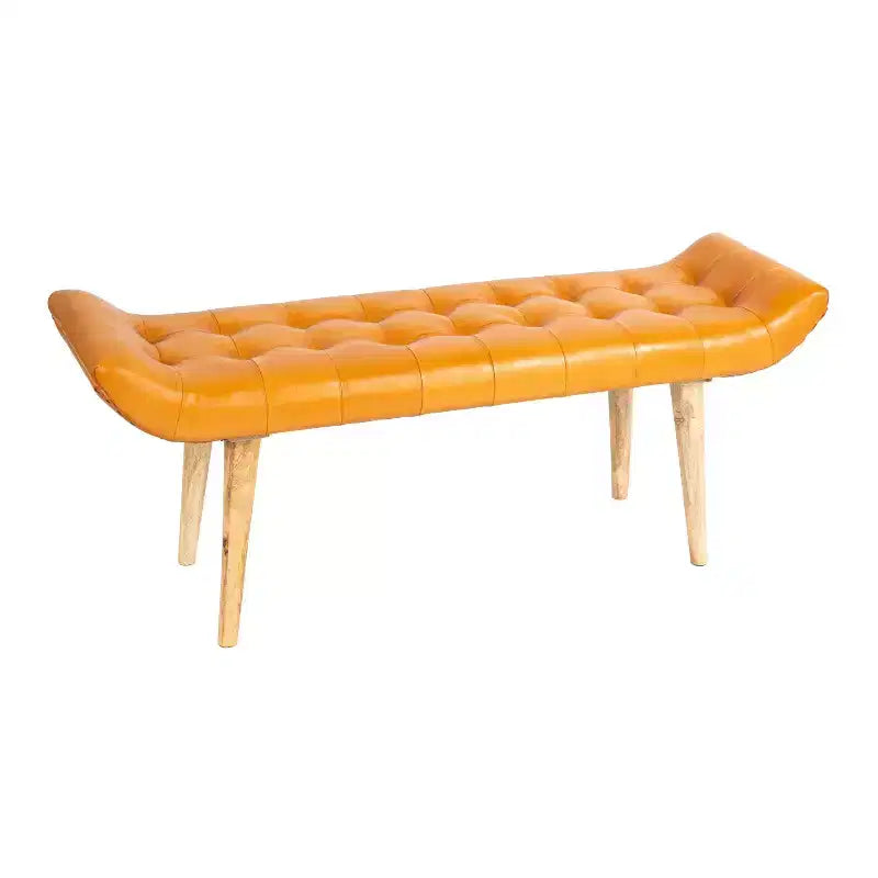 Panchina in Pelle di Capra "Storied Home" Tabacco: Telaio in Legno di Mango, Pouf Rettangolare Imbottito, Assemblaggio per Adulti