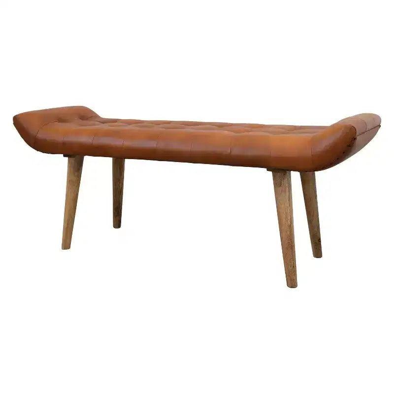 Panchina in Pelle di Capra "Storied Home" Tabacco: Telaio in Legno di Mango, Pouf Rettangolare Imbottito, Assemblaggio per Adulti