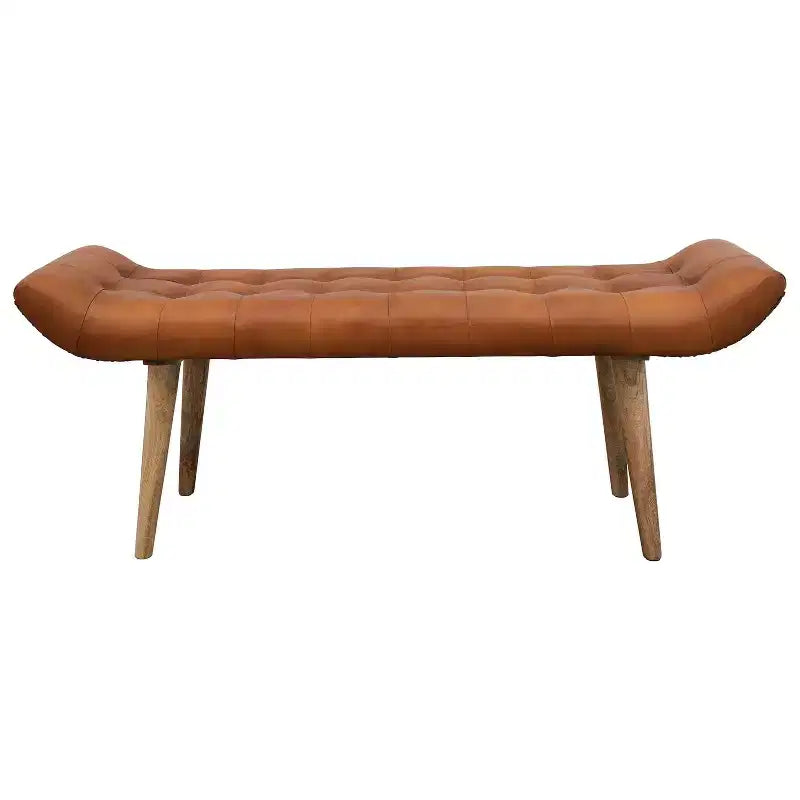 Panchina in Pelle di Capra "Storied Home" Tabacco: Telaio in Legno di Mango, Pouf Rettangolare Imbottito, Assemblaggio per Adulti