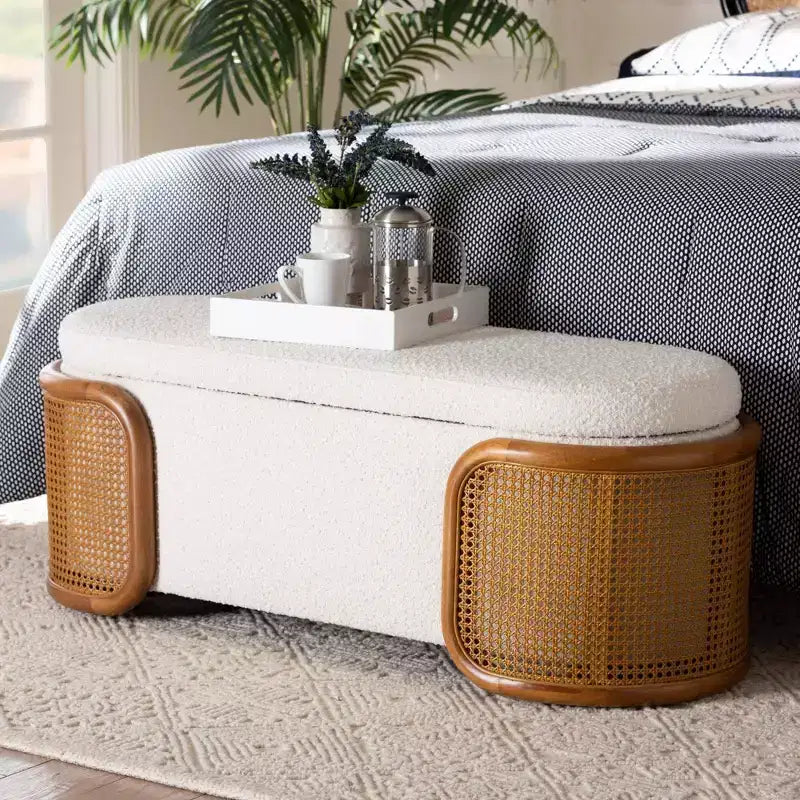 Panca contenitore Baxton Studio Basira in tessuto bouclé: Sollevabile, Ovale, Stile Japandi