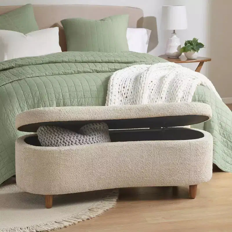 Panca portaoggetti con coperchio incernierato Bailey Boucle Taupe - Ink+Ivy: pouf imbottito, mobili da camera da letto con gambe in legno