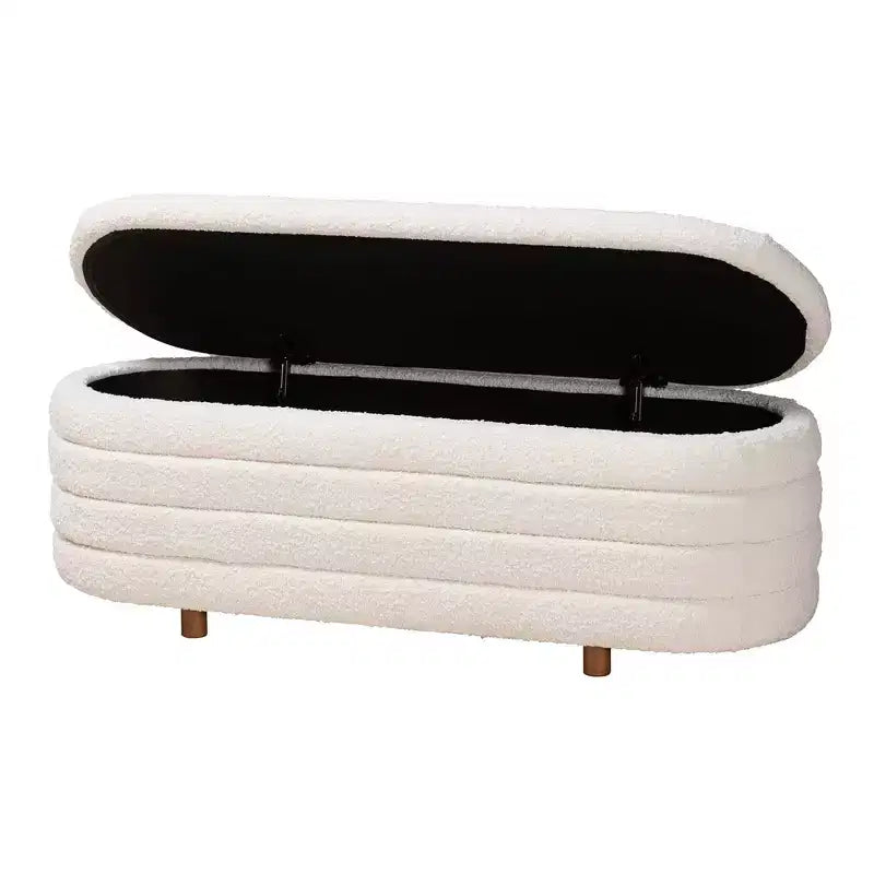 Panca contenitore Betiana in tessuto e legno crema/marrone noce - Baxton Studio: ispirata allo stile Japandi, con piano sollevabile, imbottita in schiuma