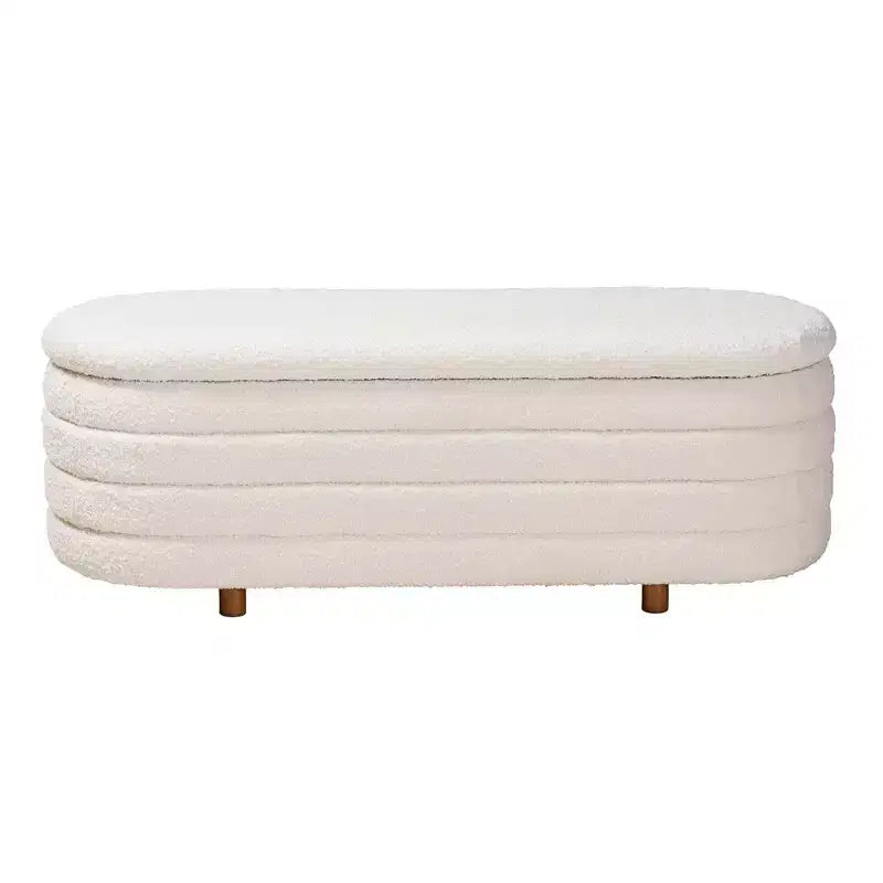 Panca contenitore Betiana in tessuto e legno crema/marrone noce - Baxton Studio: ispirata allo stile Japandi, con piano sollevabile, imbottita in schiuma