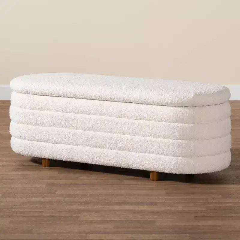 Panca contenitore Betiana in tessuto e legno crema/marrone noce - Baxton Studio: ispirata allo stile Japandi, con piano sollevabile, imbottita in schiuma