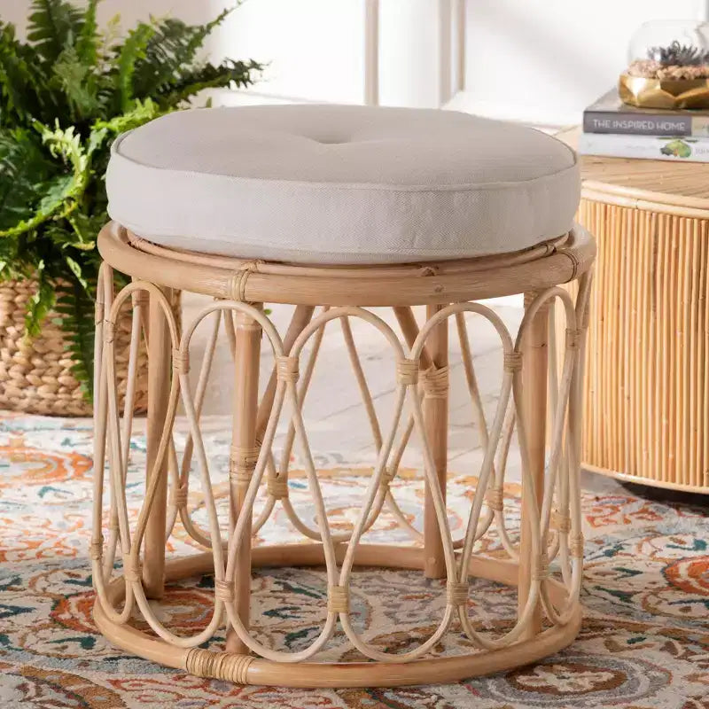 bali & pari Hachiro Pouf Ottomano in Rattan Naturale: Artigianale Bohemien, Cuscino Rimovibile, Nessun Montaggio Richiesto