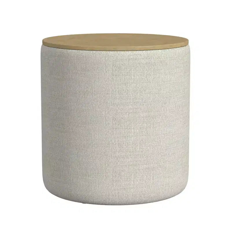Pouf contenitore rotondo imbottito con struttura in legno e piano in legno, Grigio Chiaro - HomePop
