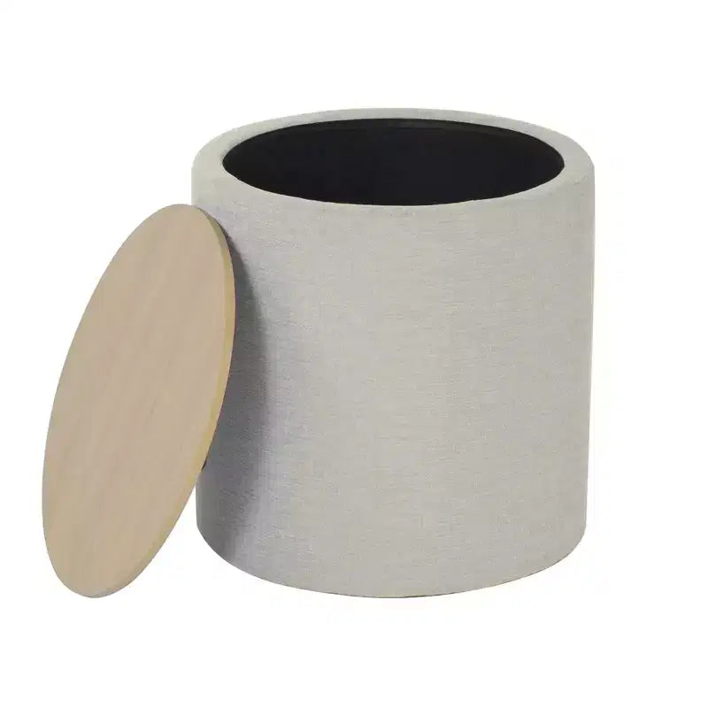 Pouf contenitore rotondo imbottito con struttura in legno e piano in legno, Grigio Chiaro - HomePop