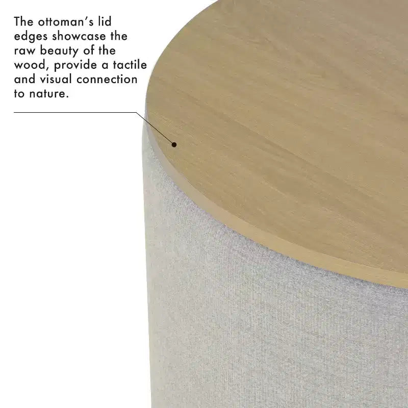 Pouf contenitore rotondo imbottito con struttura in legno e piano in legno, Grigio Chiaro - HomePop