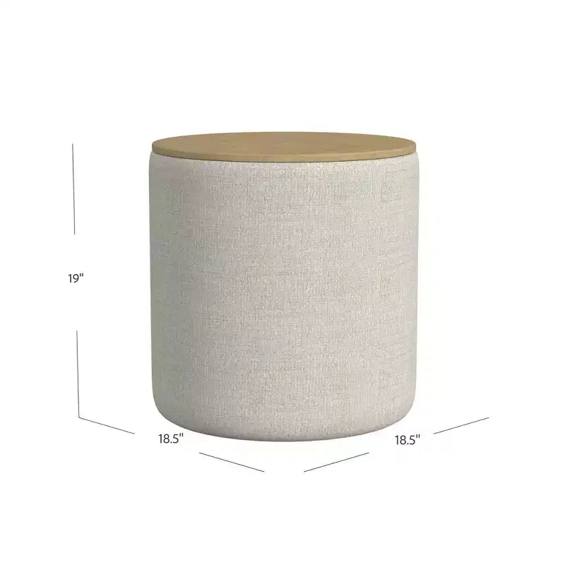 Pouf contenitore rotondo imbottito con struttura in legno e piano in legno, Grigio Chiaro - HomePop