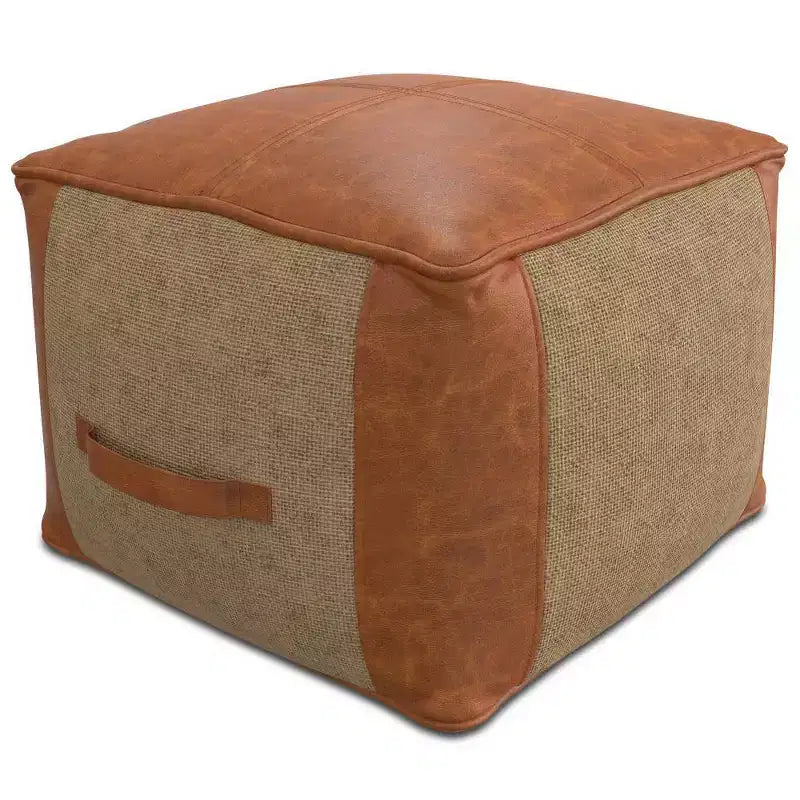 Pouf Castlebridge Tan - WyndenHall: Ottomana Quadrata Contemporanea, Rivestimento in Pelle Removibile, Fantasia Astratta, Capacità 113 kg