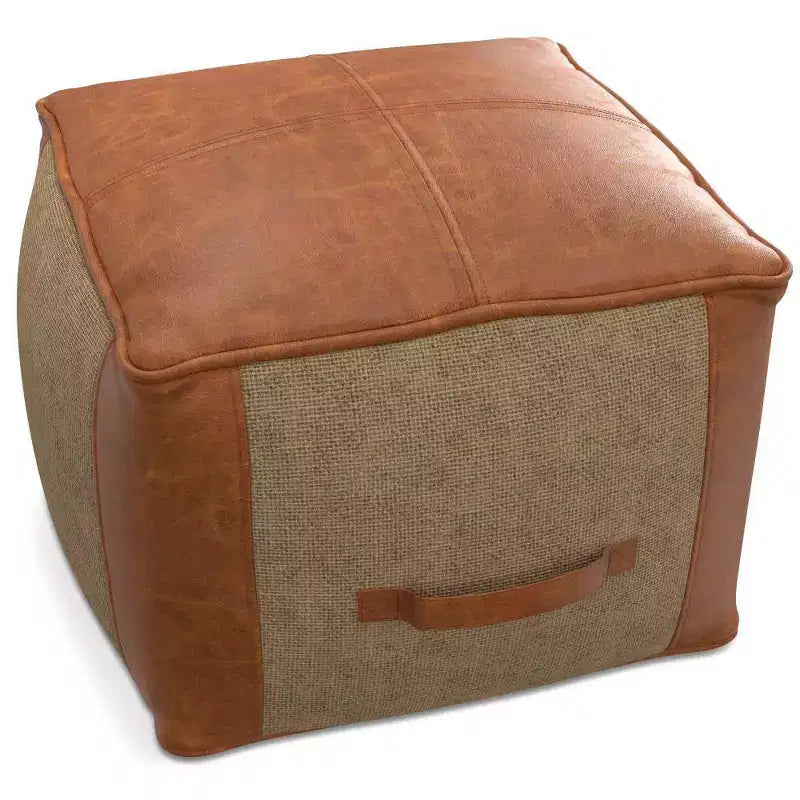 Pouf Castlebridge Tan - WyndenHall: Ottomana Quadrata Contemporanea, Rivestimento in Pelle Removibile, Fantasia Astratta, Capacità 113 kg