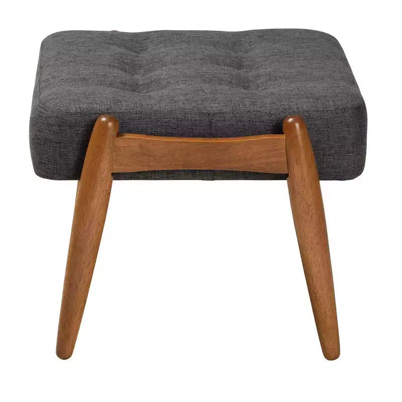 Poggiapiedi Pouf Jeanine in Tessuto e Legno Grigio Scuro/Marrone Noce - Baxton Studio: Ispirazione Japandi, Struttura in Legno di Gomma, Trapuntatura a Bottone