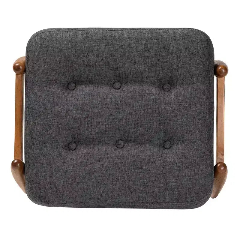 Poggiapiedi Pouf Jeanine in Tessuto e Legno Grigio Scuro/Marrone Noce - Baxton Studio: Ispirazione Japandi, Struttura in Legno di Gomma, Trapuntatura a Bottone