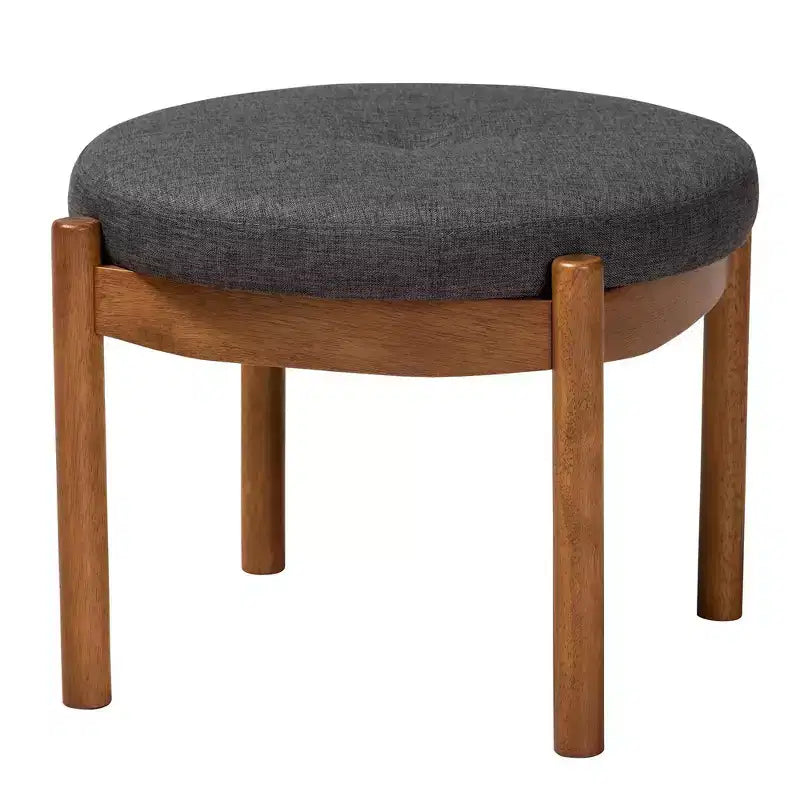 Poggiapiedi Pouf Iliana in Tessuto e Legno Grigio Scuro/Noce - Baxton Studio