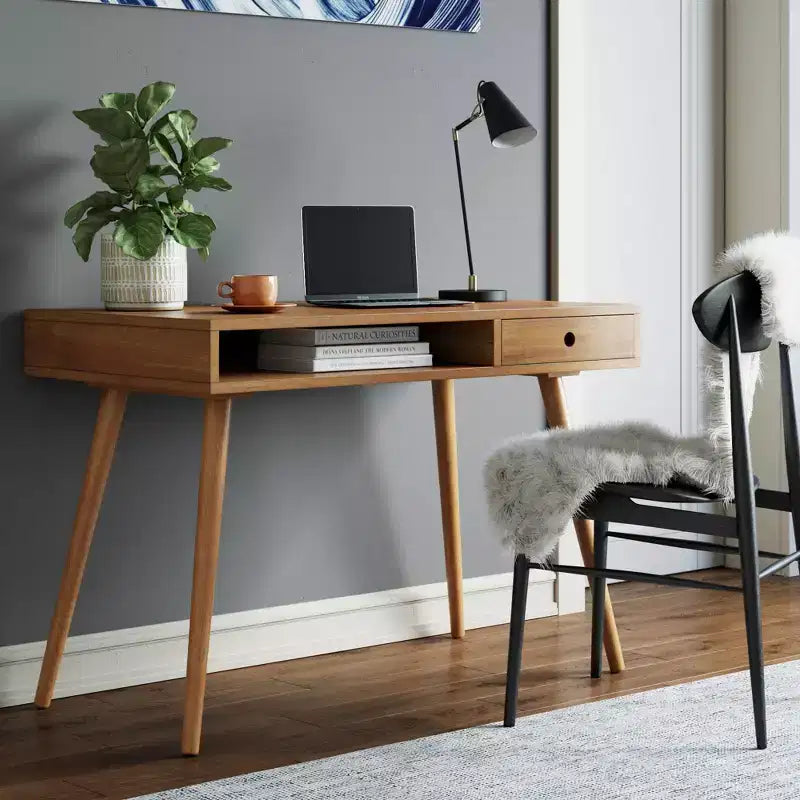Scrivania Nathan James Parker Mid-Century con Cassetto Acacia Marrone Chiaro: Piano in MDF, Gambe in Legno Massello, Mobili per Ufficio Domestico