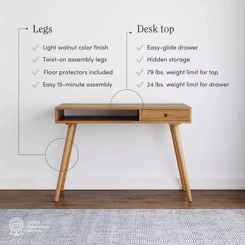 Scrivania Nathan James Parker Mid-Century con Cassetto Acacia Marrone Chiaro: Piano in MDF, Gambe in Legno Massello, Mobili per Ufficio Domestico